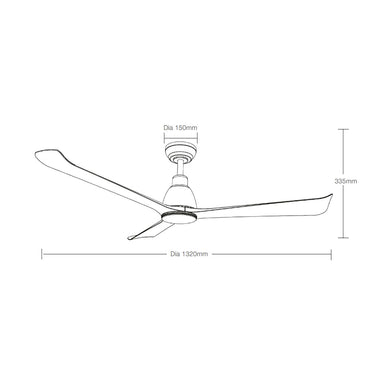 Ceiling fan with dimensions labeled on a white background