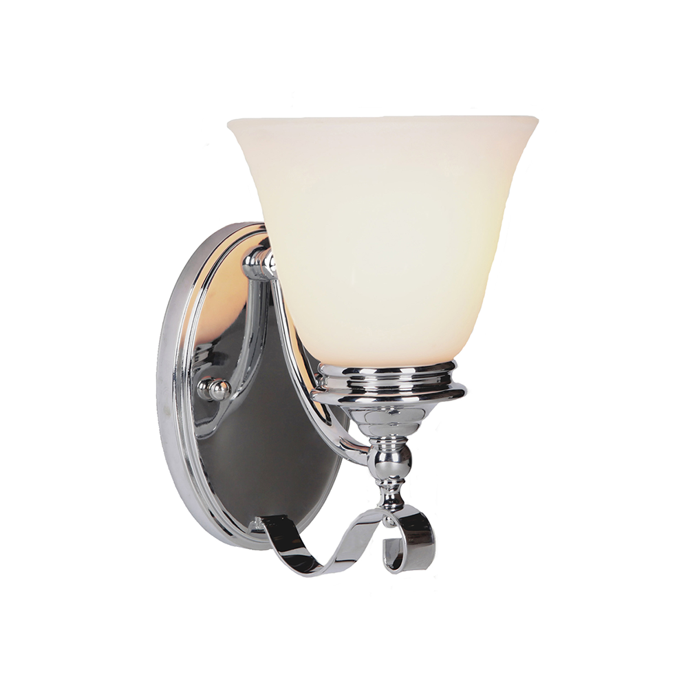 Wall-mounted light fixture with a white glass shade on a white background