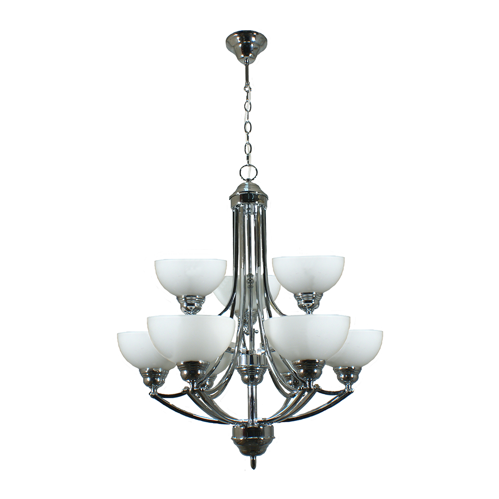 Chandelier with white glass shades on a white background