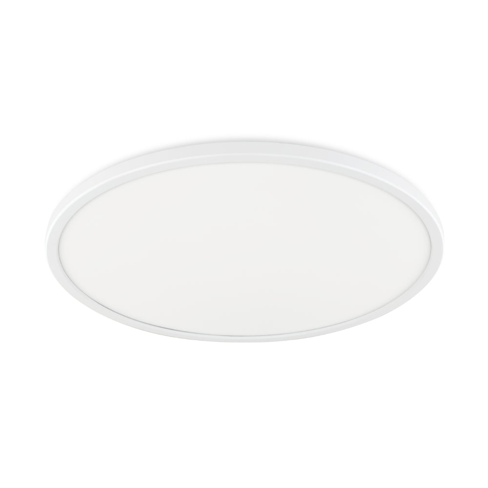 Round white ceiling light on a white background