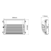 Technical drawing of an automotive radiator with dimensions labeled