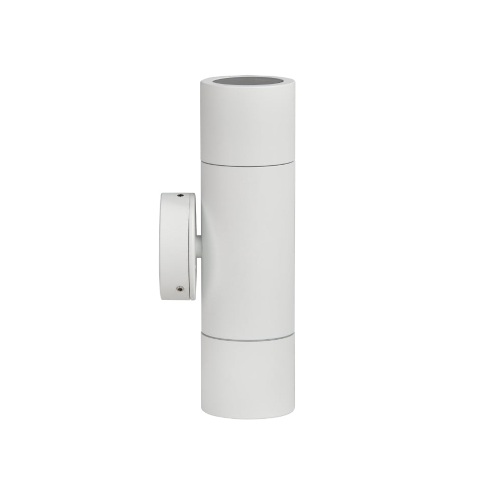 White cylindrical wall light fixture on a white background