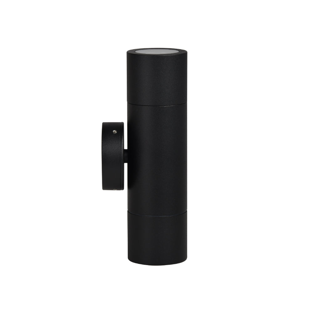 Black cylindrical wall light fixture on a white background