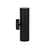 Black cylindrical wall light fixture on a white background