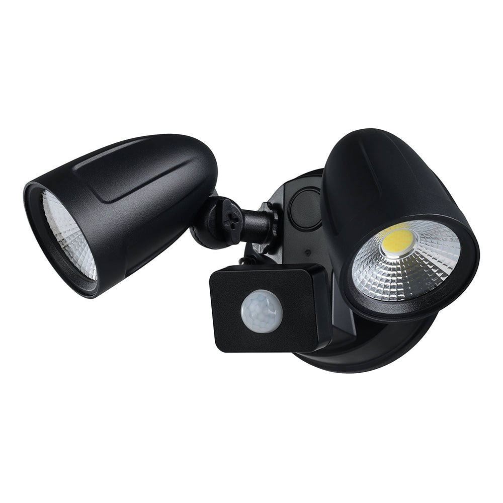 Black outdoor security light with two floodlights on a white background