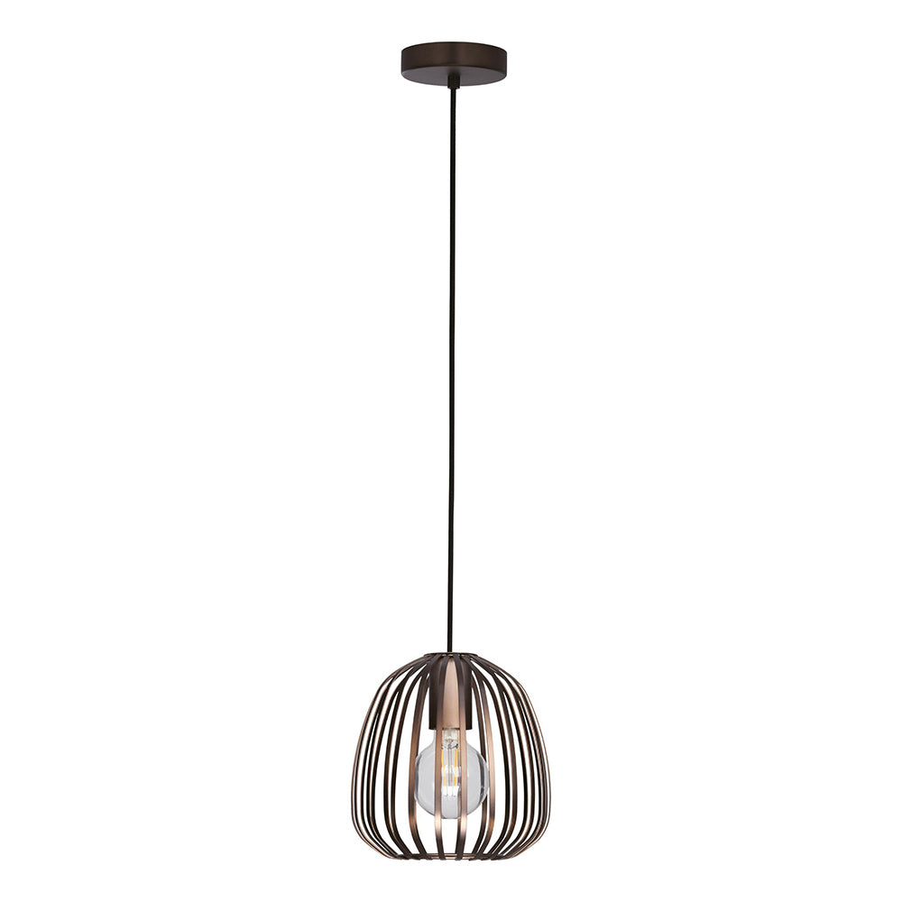 Modern pendant light with metallic cage design on a white background