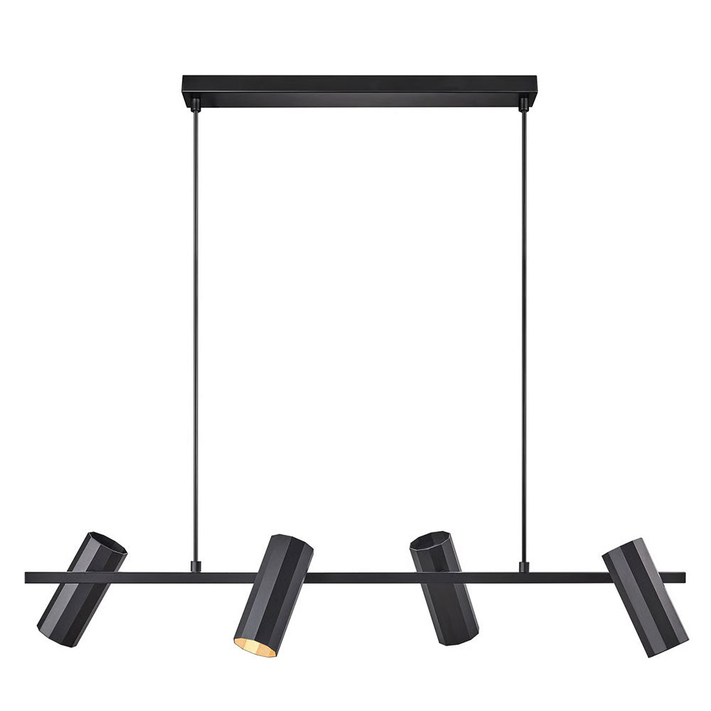 Black pendant light fixture with four cylindrical lights on a white background