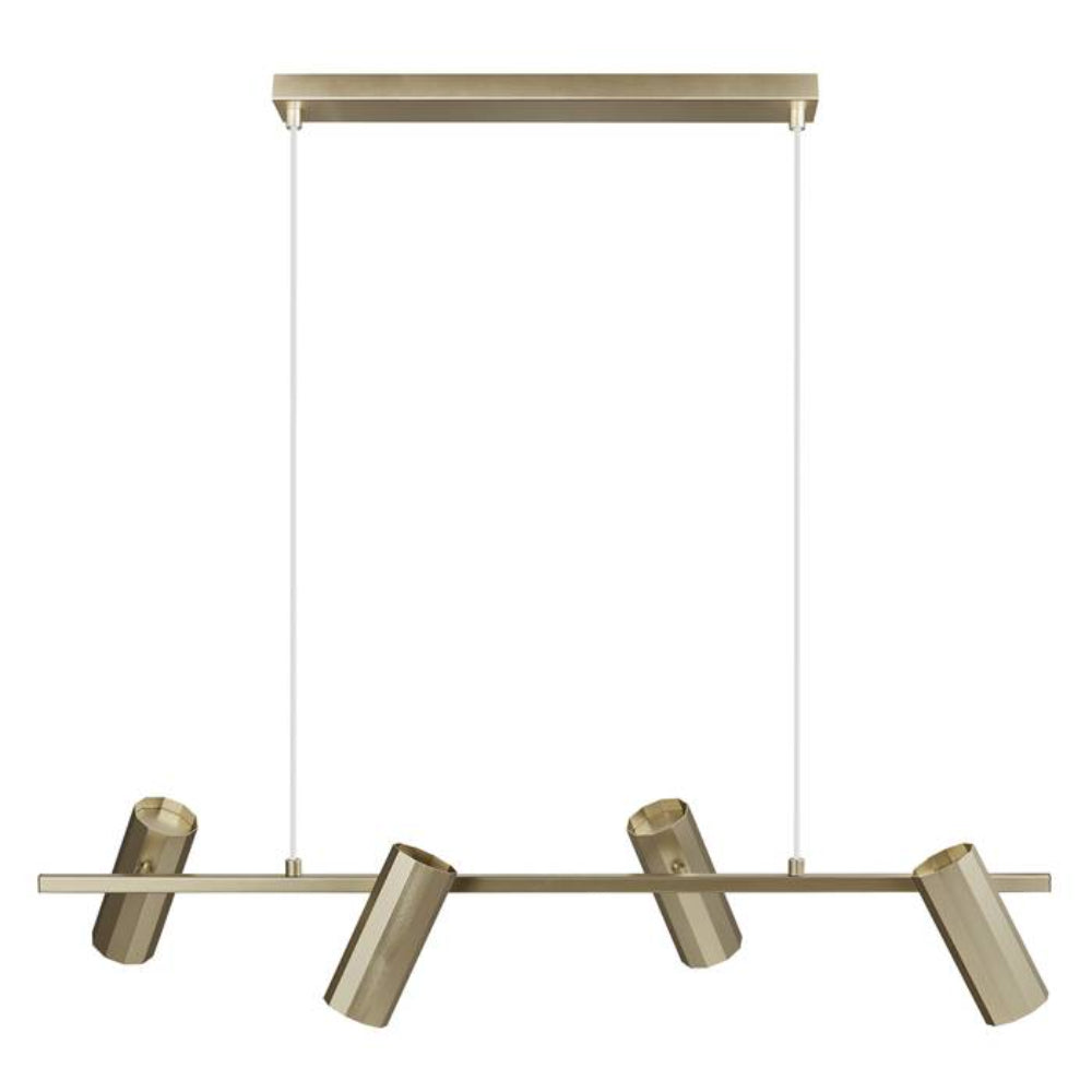 Modern pendant light fixture with four cylindrical lights on a white background