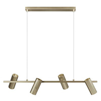 Modern pendant light fixture with four cylindrical lights on a white background