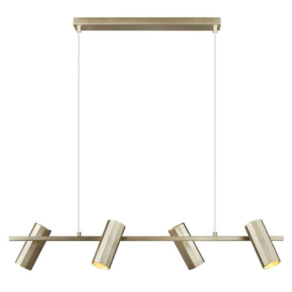 Modern pendant light fixture with five cylindrical lights on a white background