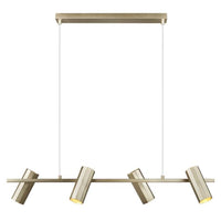 Modern pendant light fixture with five cylindrical lights on a white background