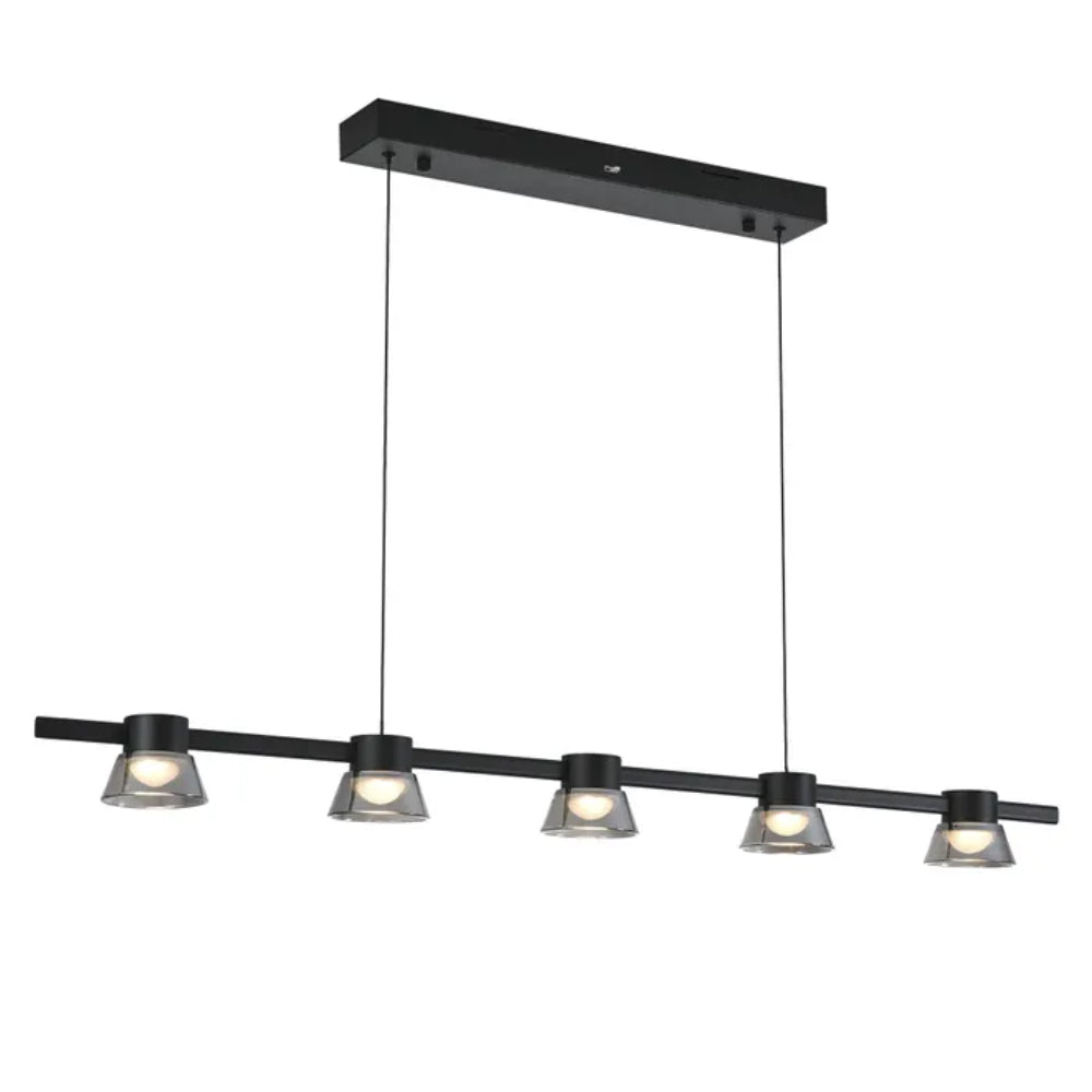 Modern pendant light fixture with five hanging lights on a white background