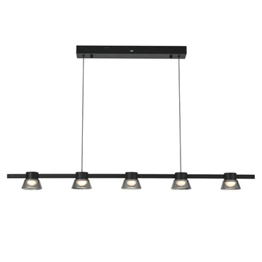 Modern pendant light fixture with five hanging lights on a white background