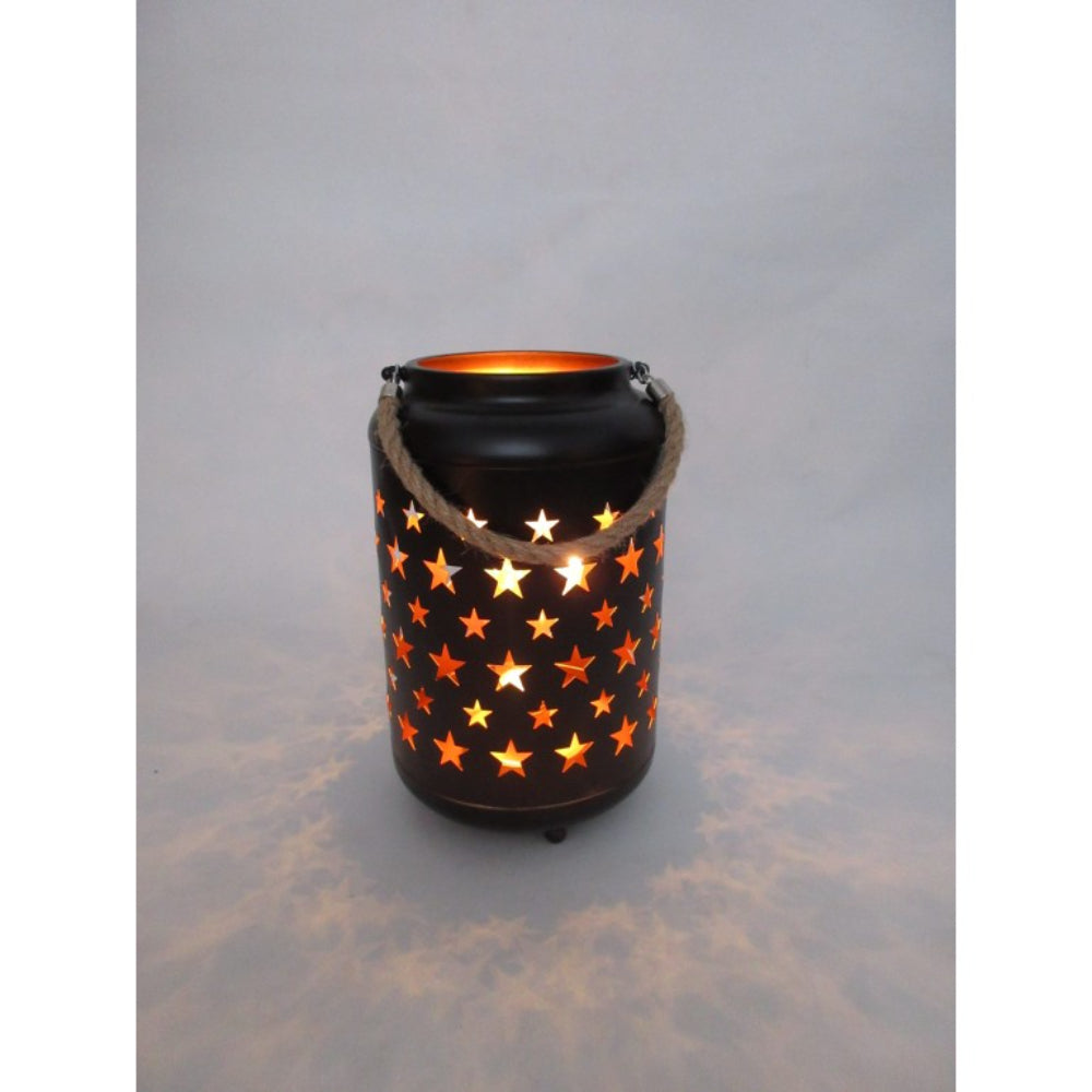 Black Metal LED Lantern w/ Gold Inside and Rope Handle