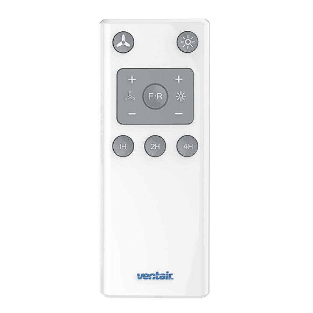 White remote control with gray buttons on a white background, featuring the Ventair brand.