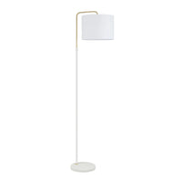 A modern floor lamp with a white cylindrical drum shade, a slim white pole, a gold-finished metal support arm, and a round white base, shown against a plain white background.