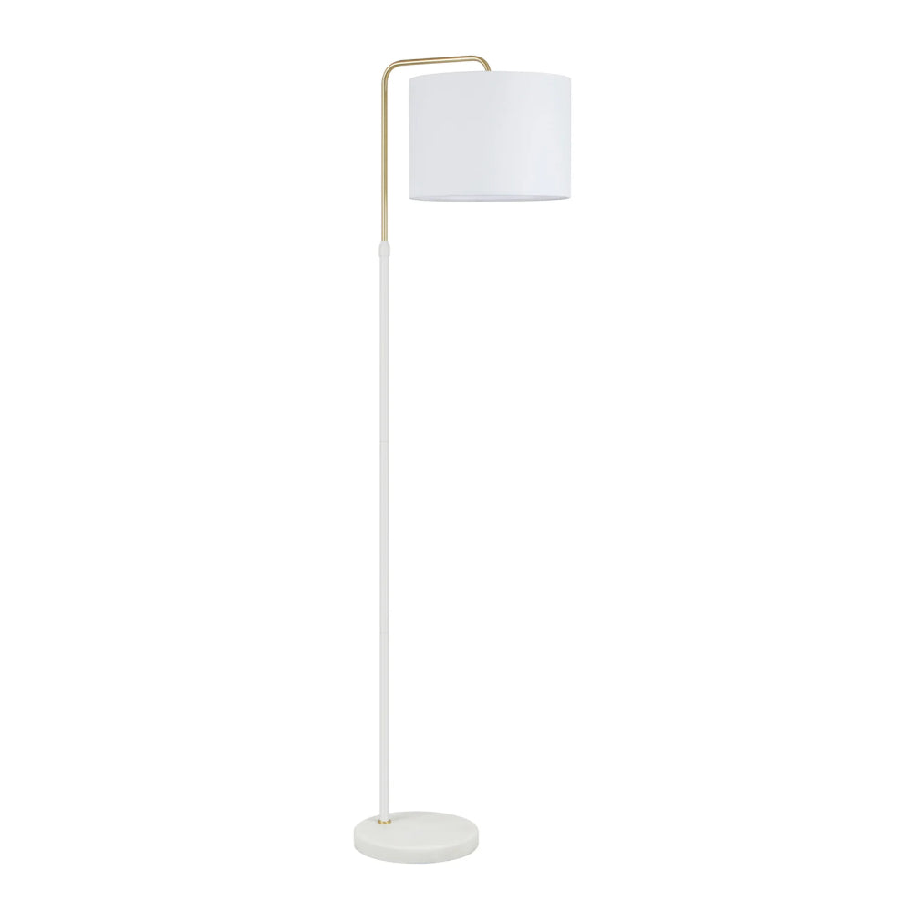 A modern floor lamp with a white cylindrical drum shade, a slim white pole, a gold-finished metal support arm, and a round white base, shown against a plain white background.