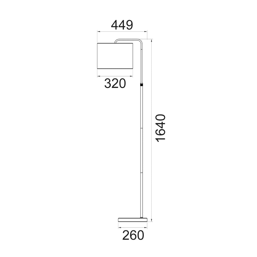 Technical drawing of a standing lamp with dimensions labeled