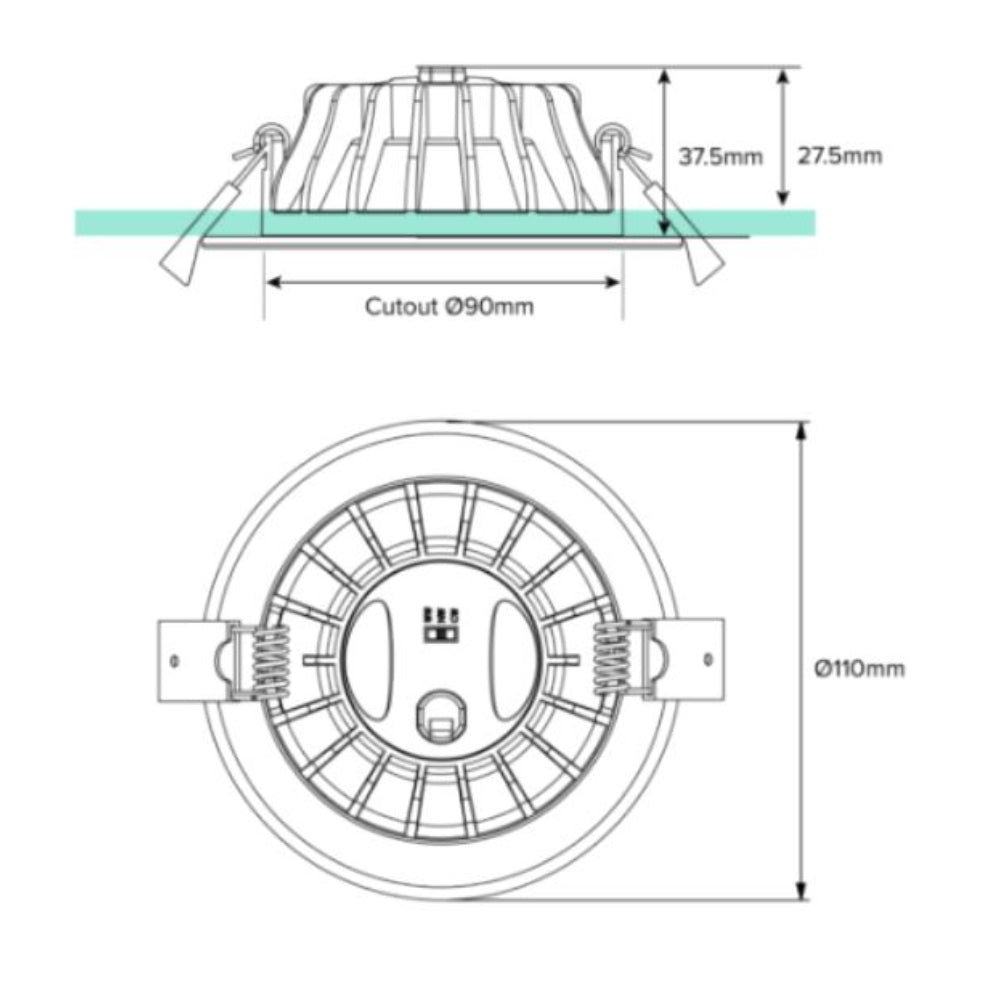Technical drawing of a ceiling light fixture with dimensions