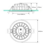 Technical drawing of a ceiling light fixture with dimensions