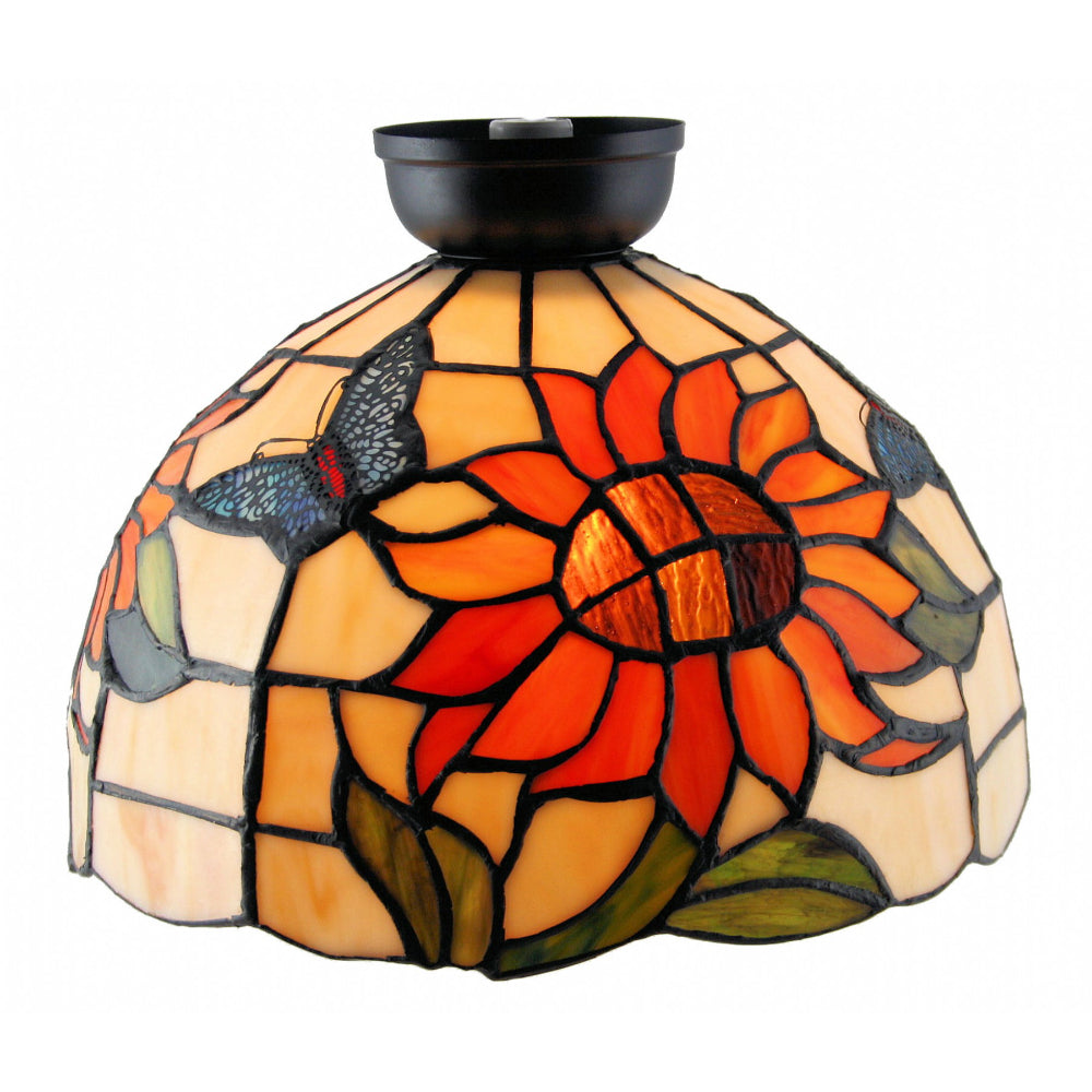 Decorative lamp with stained glass design featuring a sunflower and butterflies on a white background.