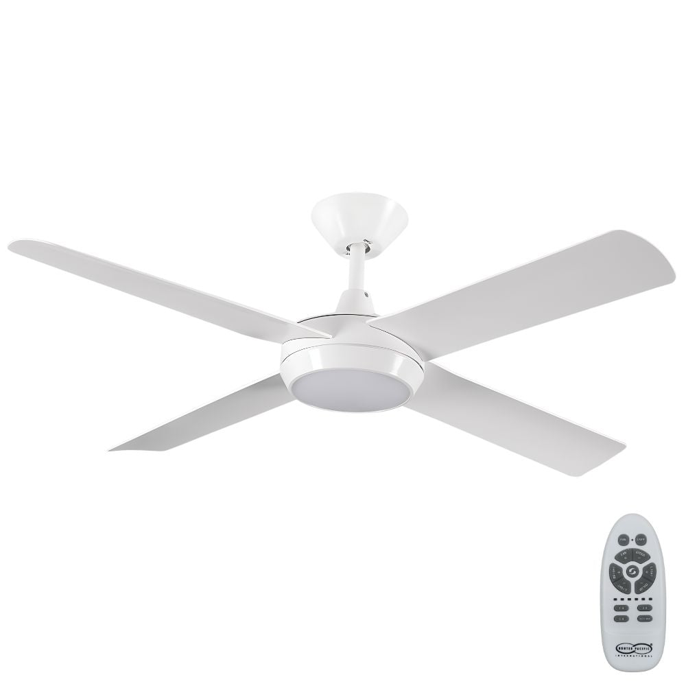 White ceiling fan with remote control on a white background