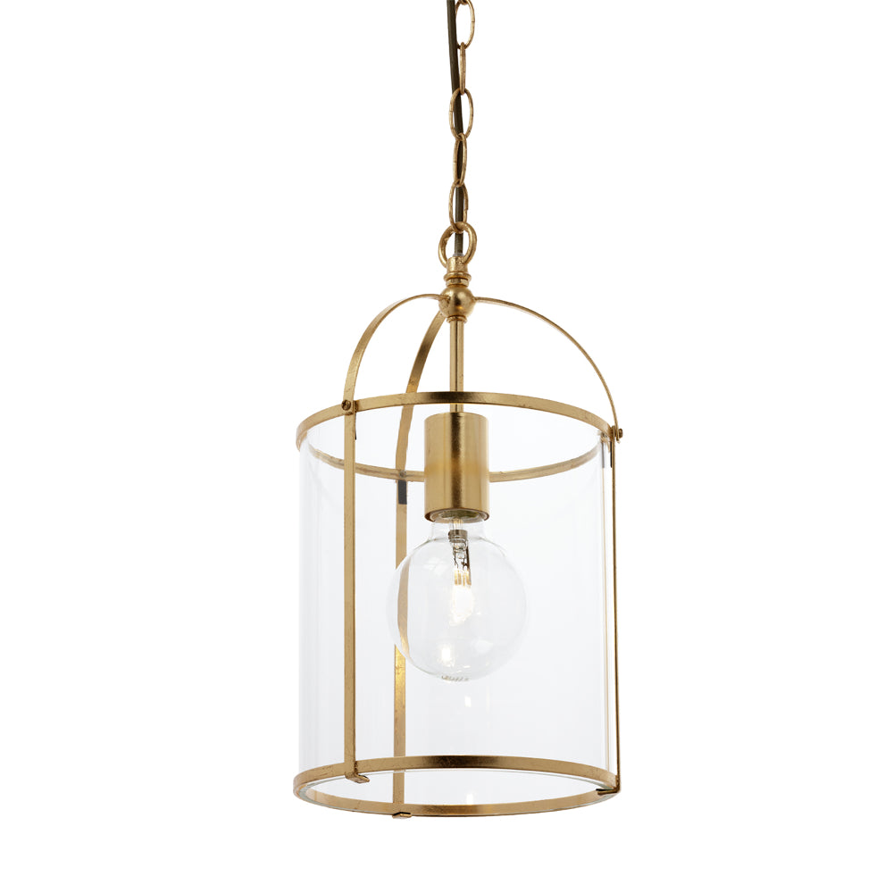 Gold pendant light with clear glass shade on a white background