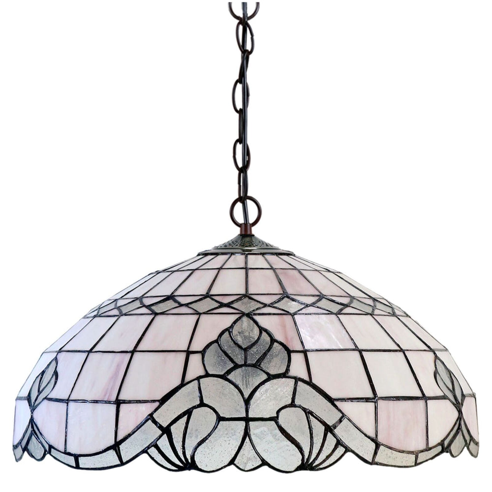 A Tiffany-style stained glass pendant light with a dome-shaped shade featuring pink-tinted glass panels, white sections, and a central floral motif, suspended by a dark metal chain against a white background.