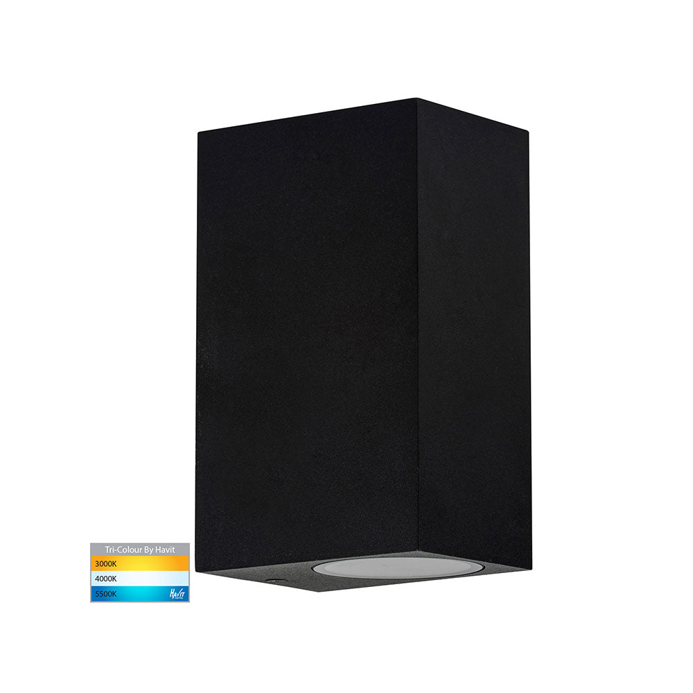 Black square wall light fixture on a white background