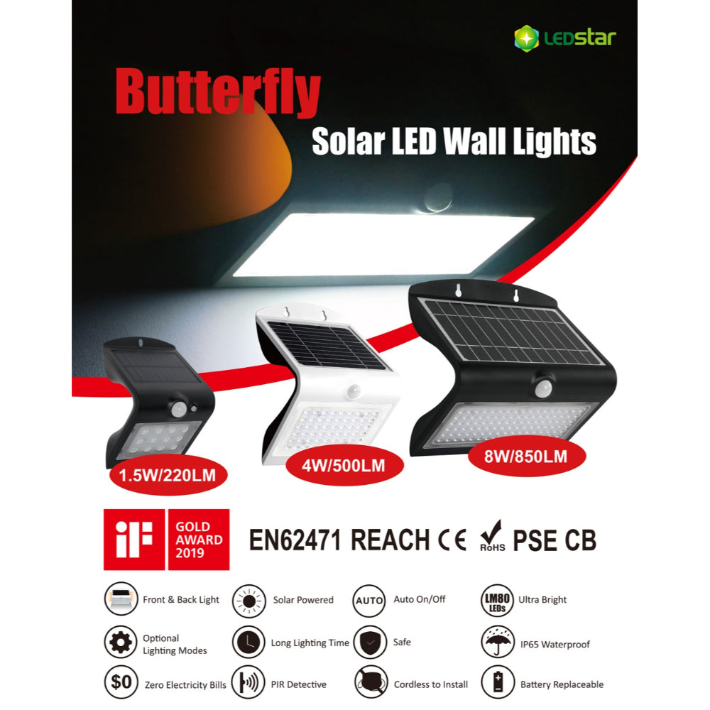 Advertisement for Butterfly Solar LED Wall Lights with specifications and branding.