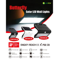 Advertisement for Butterfly Solar LED Wall Lights with specifications and branding.