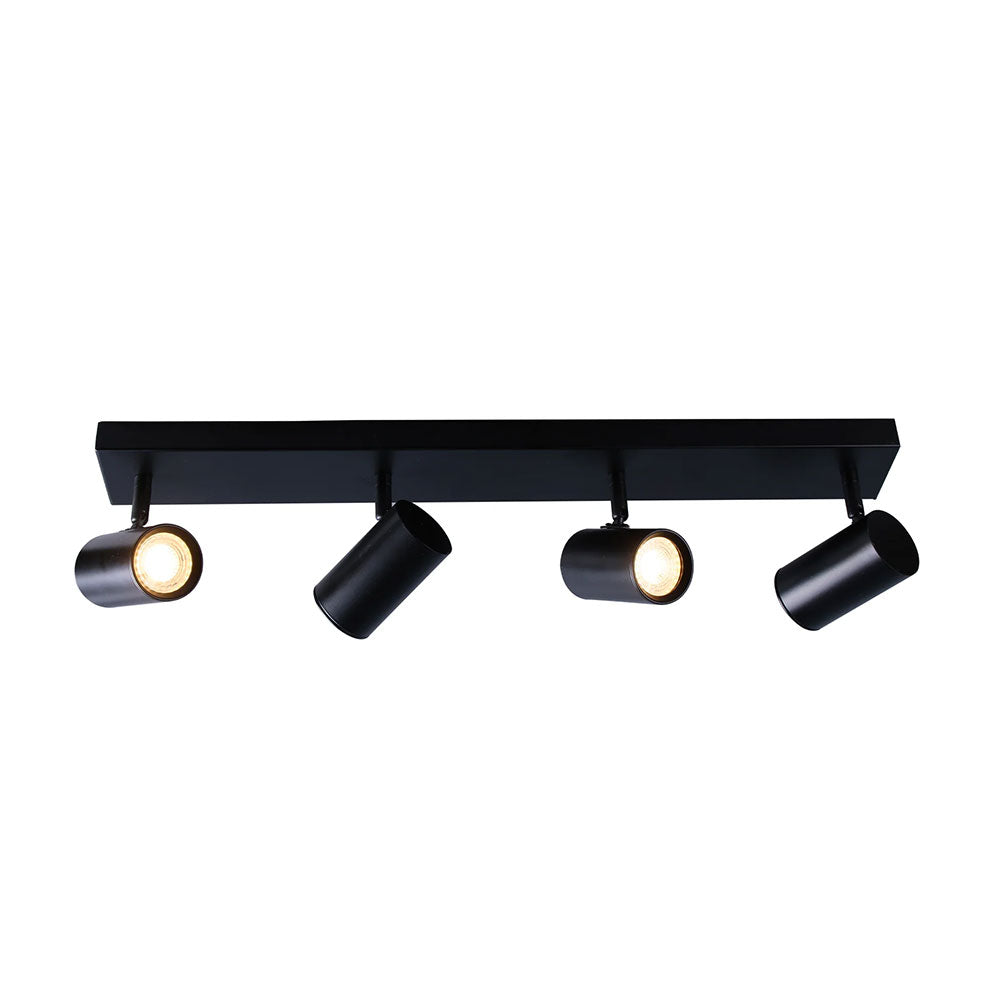 Black ceiling light fixture with four spotlights on a white background