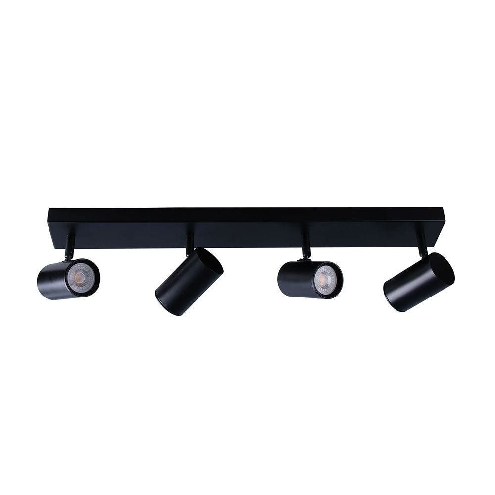 Black ceiling light fixture with four cylindrical lights on a white background