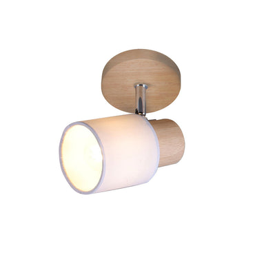 Ceiling light fixture with wooden finish and white shade on a white background