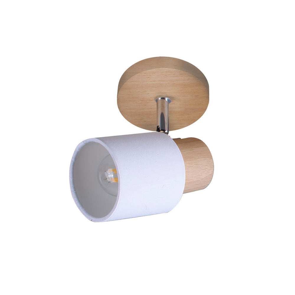 Ceiling light fixture with wooden finish and white shade on a white background