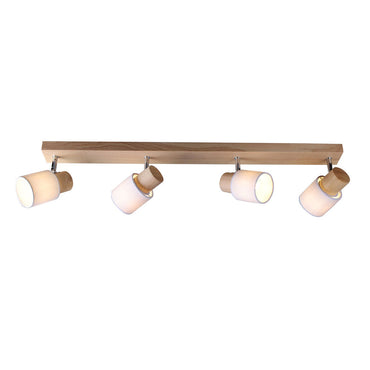 Wooden ceiling light fixture with four white lampshades on a white background