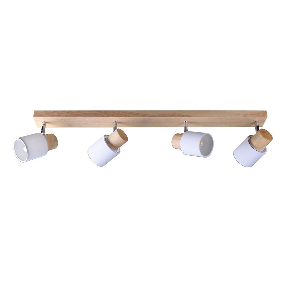 Track light fixture with four white lampshades and wooden accents on a white background