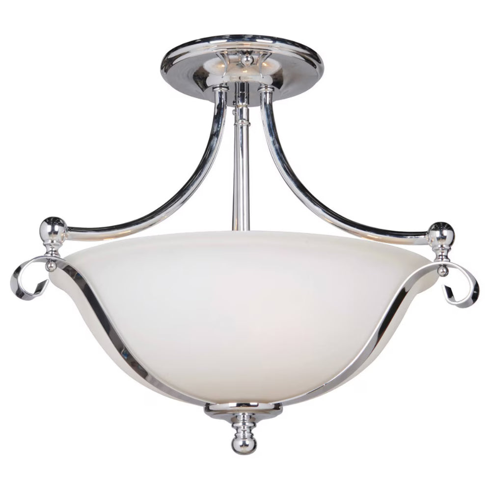 Chrome ceiling light fixture with white glass shade on a white background