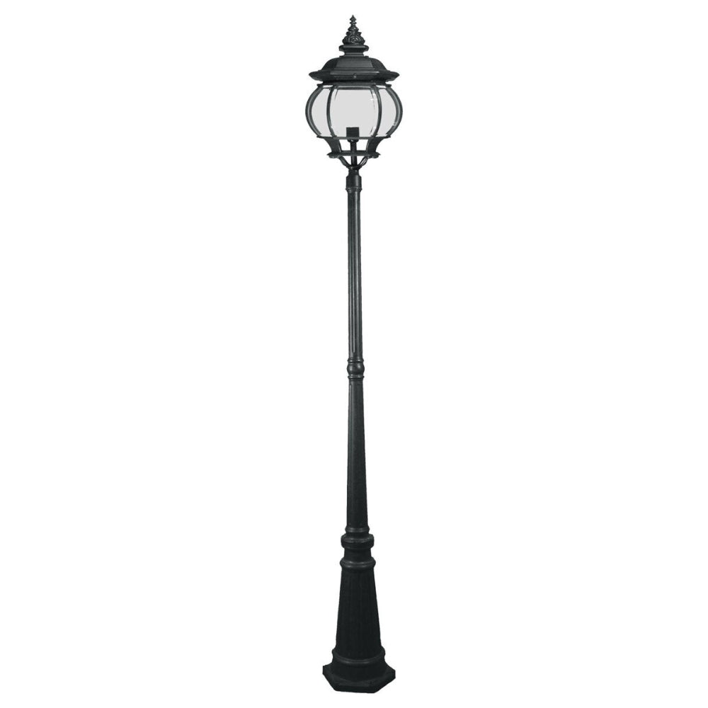 Black outdoor lamp post on a white background