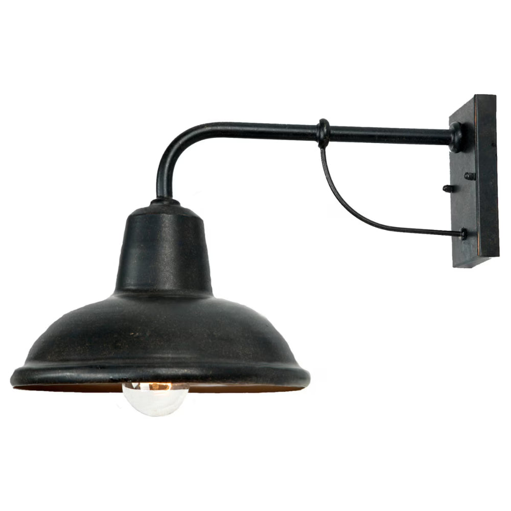 Black wall-mounted barn-style light fixture on a white background