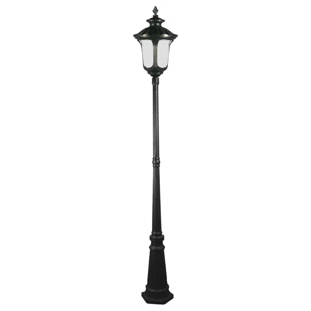 Black outdoor lamp post with a white light cover on a white background