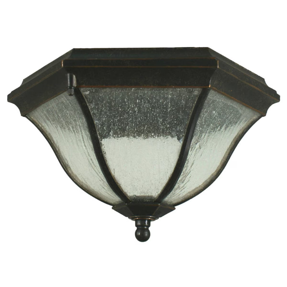 Decorative outdoor ceiling light fixture with black frame and clear glass on a white background