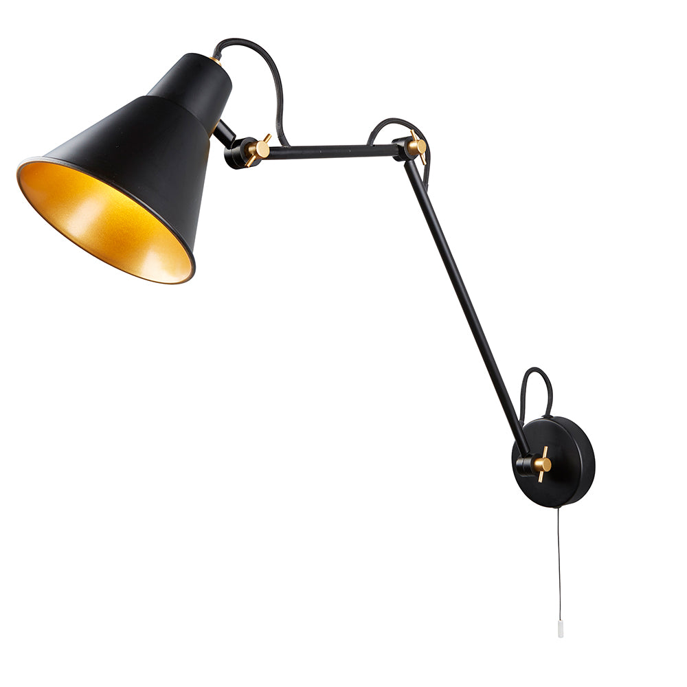 Black wall lamp with gold interior on a white background