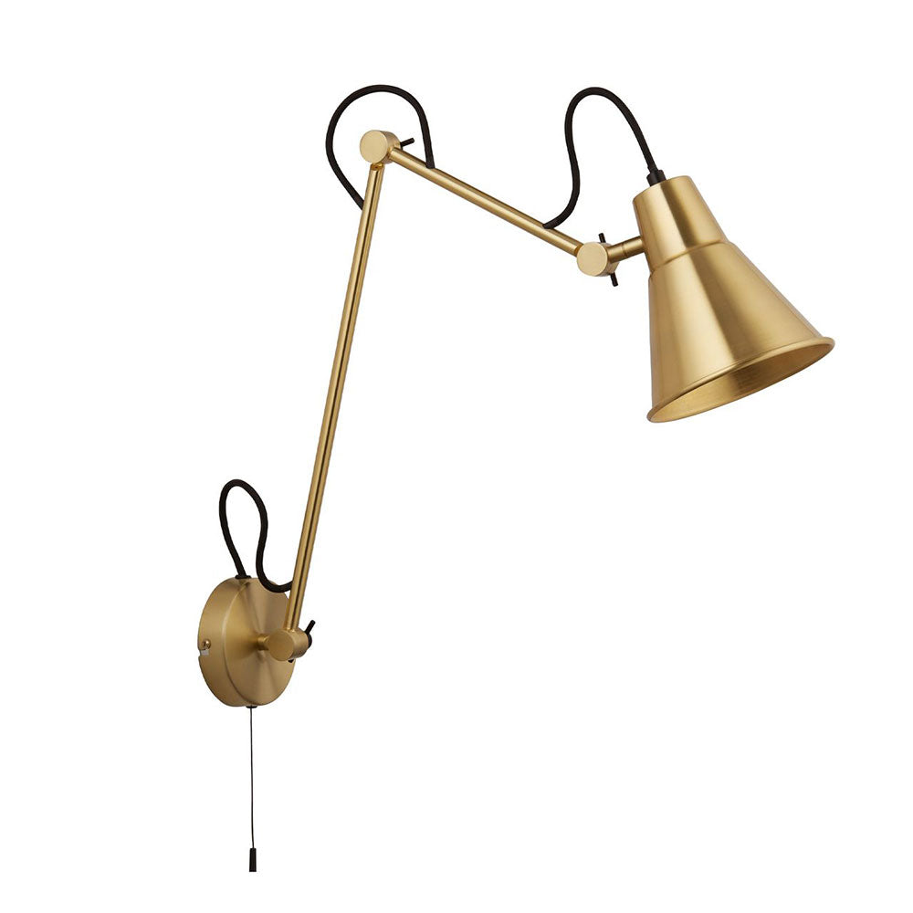 Gold wall lamp with adjustable arm on a white background