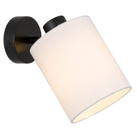 Wall-mounted light fixture with a white shade and black metal fixture on a white background