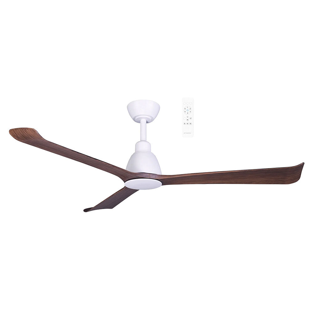 Ceiling fan with wooden blades on a white background