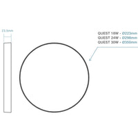 Technical dimension diagram of a bicycle rim, showing a side profile of 23.5mm and a circular top view with size labels for QUEST 18W, QUEST 24W, and QUEST 30W.