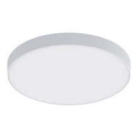 A modern, flush-mount circular LED ceiling light with a white diffuser and a silver metallic outer rim, shown against a plain white background.