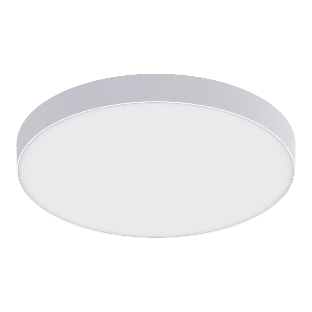 A modern, flush-mount circular LED ceiling light with a white diffuser and a silver metallic outer rim, shown against a plain white background.