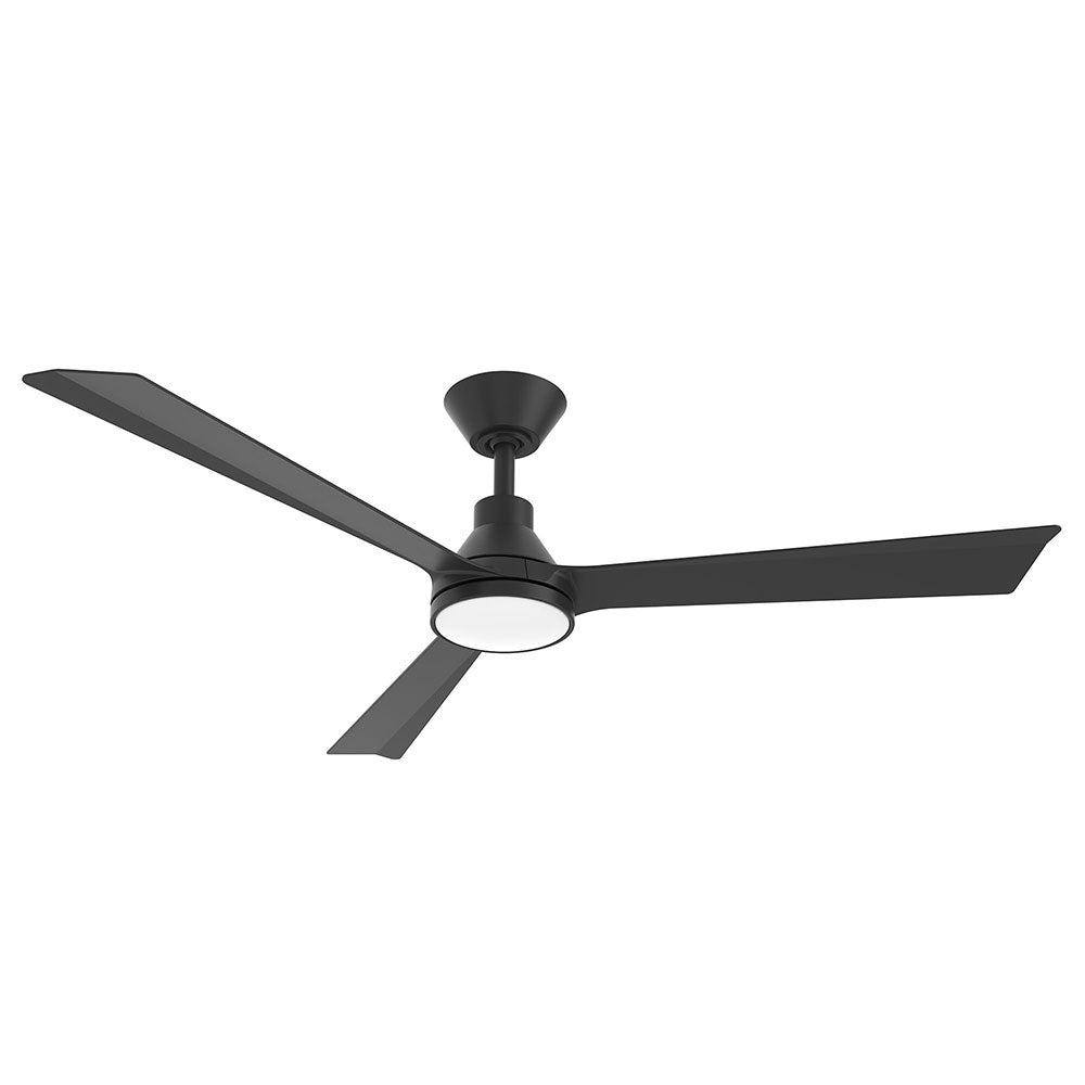 Black ceiling fan with three blades on a white background